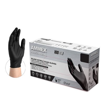 Ammex Black Nitrile PF Exam Gloves, Large