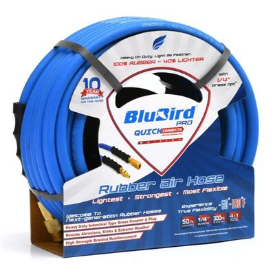 BluBird BluBird Pro Rubber Air Hose with Universal Quick Connect Coupler, Brass MNPT Industrial Fitting - 1/4" x 100 Feet