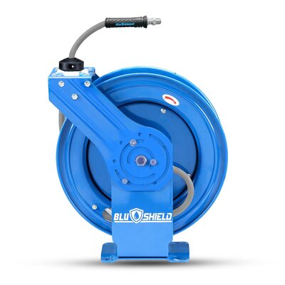 BluBird BluShield All-in-One Rubber Air Hose Reel 3/8" X 50(Dual Arm ) with 6' Lead-in-Hose. Includes FreeStyle, Sshhh Tek, and Safety Rewind Features.