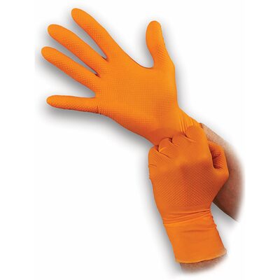 Atlantic Safety Company Super tough orange 8mil powder free nitrile disposable gloves with aggressive diamond grip. Touchscreen compatible, food safe and resists most chemicals. Latex Free. Not for Medical Use. 100/box. XL