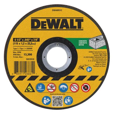 DEWALT 4-1/2 In x .045 in Aluminum Oxide Abrasive Chop / Cut-Off Blade with 7/8 in Arbor For Concrete & Masonry Cutting (1 Pack)