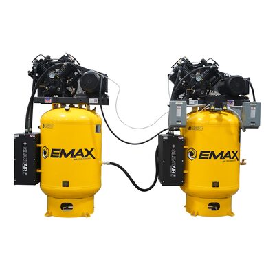 Emax Compressor Two 10HP 3ph 120 Gallon Vertical Solo Mounted Alternating Silent Air compressors-w/Pressure Lubricated pumps
