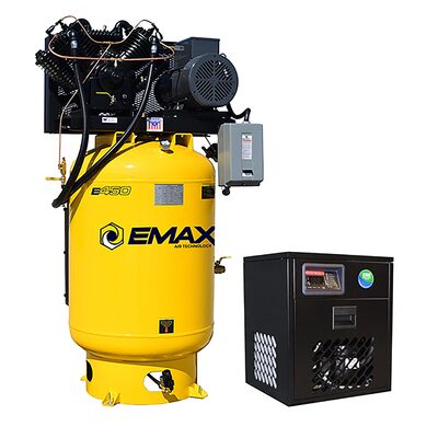 Emax Compressor Silent Industrial Plus 10 HP 1-Phase 120 gal. Vertical Compressor with 58 CFM Dryer Bundle-With Pressure Lube Pump