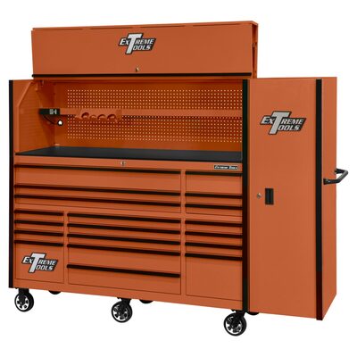 Extreme Tools RX Series 72in W x 25in D Professional Extreme Power Workstation Hutch, 19-Drawer Roller Cabinet-150 lbs Slides and 19in 3-Drawer Side Locker Combo, Orange w Black Dr Pulls