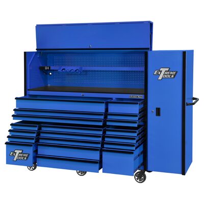 Extreme Tools RX Series 72in W x 25in D Professional Extreme Power Workstation Hutch, 19-Drawer Roller Cabinet-150 lbs Slides and 19in 3-Drawer Side Locker Combo, Blue w Black Dr Pulls
