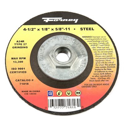 Forney Industries Grinding Wheel, Metal, Type 27, 4-1/2 in x 1/8 in x 5/8 in-11