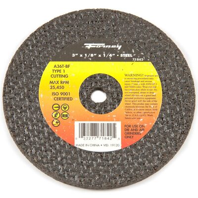 Forney Industries Cut-Off Wheel, Metal, Type 1, 3 in x 1/8 in x 1/4 in