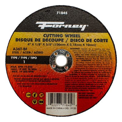 Forney Industries Cut-Off Wheel, Metal, Type 1, 4 in x 1/8 in x 3/8 in