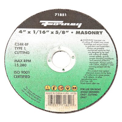 Forney Industries Cutting Wheel, Masonry, Type 1, 4 in x 1/16 in x 5/8 in