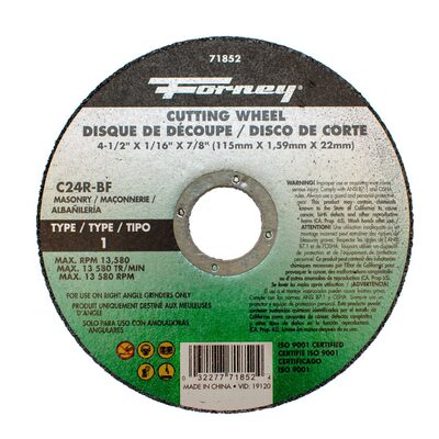 Forney Industries Cutting Wheel, Masonry, Type 1, 4-1/2 in x 1/16 in x 7/8 in