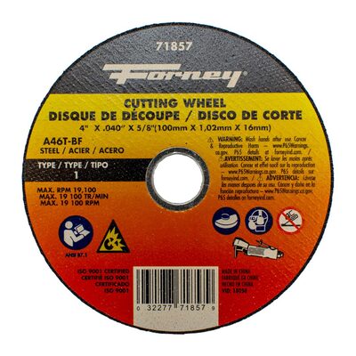 Forney Industries Cut-Off Wheel, Metal, Type 1, 4 in x .040 in x 5/8 in