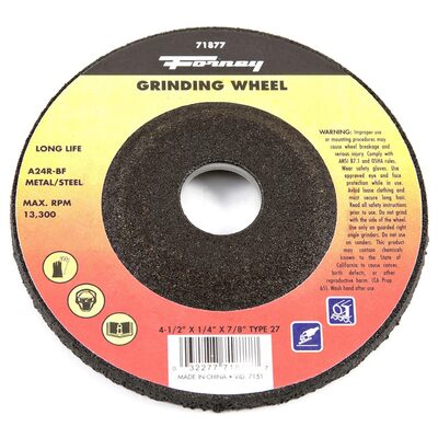 Forney Industries Grinding Wheel, Metal, Type 27, 4-1/2 in x 1/4 in x 7/8 in