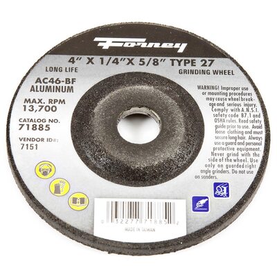 Forney Industries Grinding Wheel, Aluminum, Type 27, 4 in x 1/4 in x 5/8 in