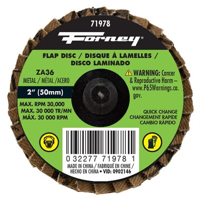 Forney Industries Quick Change Flap Disc, 36 Grit, 2 in