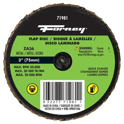 Forney Industries Quick Change Flap Disc, 36 Grit, 3 in