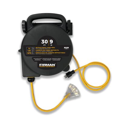 Firman 30 Feet Retractable Extension Cord Reel with 4 Outlets 5-15P Plug to Four 5-20R Receptacles