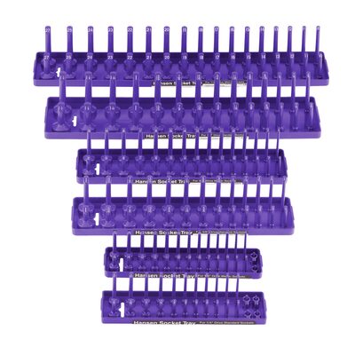 Hansen Global  1/4 Inch, 3/8 Inch, and 1/2 Inch Standard and Metric 2 Row Regular/Deep Socket Holder Trays - 6 Pack - Purple