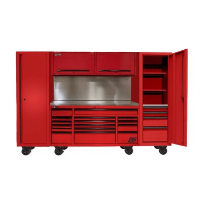Homak Manufacturing 120" RS PRO CTS Roller Cabinet & Side Lockers Combo with Solid Backsplash - Red