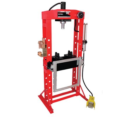 American Forge & Foundry Shop Press - 20 Ton Capacity - Foot Operated Air Motor/Manual Pump W/ Hydraulic Ram - Built In Polycarbonate Press Guard - 10 pc  Pin & Bearing Press Adapter Set Included - SUPER DUTY