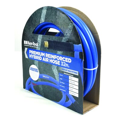 Ken-tool Premium Reinforced Hybrid Air Hose - 32 Ft, 1/4" Brass Male Fitting, Max Pressure: 300 PSI, 3/8" I.D.