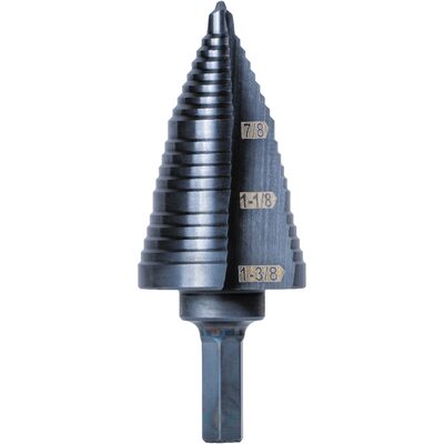 Klein Tools 3-Step Drill Bit, 3/8-Inch Hex, Double Straight Flute, 7/8-Inch to 1-3/8-Inch