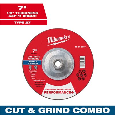 Milwaukee Tool 7" x 1/8" x 5/8"-11 Performance+ Dual Metal Cut & Grind Wheel - Type 27