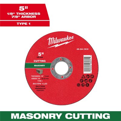 Milwaukee Tool 5" x 1/8" x 7/8" Masonry Cut Off Wheel -Type 1