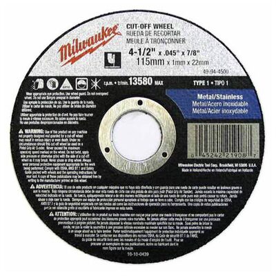 Milwaukee Tool 4-1/2" x .045" x 7/8" Cut-Off Wheel (Type 1)