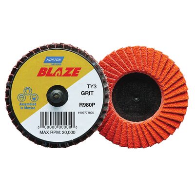 Norton Blaze 90152 R980P Series Type 27 Quick Change Flat Mini Flap Disc, 3 in Dia, 60 Grit