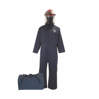 OBERON Bag Kit - Arc Flash - 30 Cal TCG - Comes With Coveralls, Hard Cap, Face Shield, Balaclava & Storage Bucket - Color: Navy Blue - Size: Large