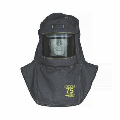 OBERON Hood with A3 Hard Hat Adapters - Arc Flash - 75 Cal TCG - With Fresh Air Arc Flash Hood Ventilation System & Light - Color: Black - Window: True Color Grey (TCG)