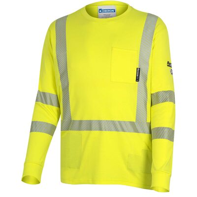 OBERON T-Shirt - Hi-Vis 100% FR/Arc-Rated 7 oz Cotton Interlock - Long Sleeves - 2" Tape - Hi-Vis Yellow - Size: L