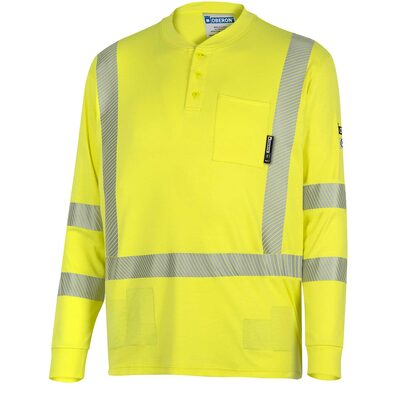 OBERON Henley Shirt - Hi-Vis 100% FR/Arc-Rated 7 oz Cotton Interlock - Long Sleeves - Hi-Vis Yellow - Size: L