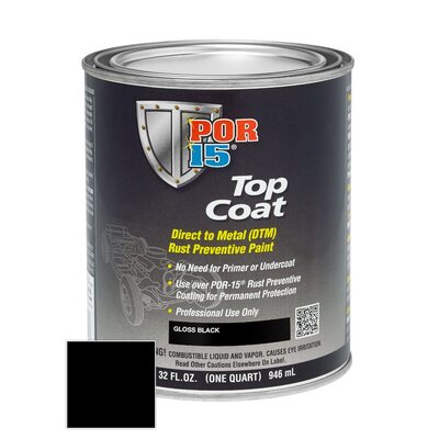 POR-15 INC 45804 Top Coat DTM Paint, 1 qt Can, Gloss Black, Liquid, 30 to 60 min Curing