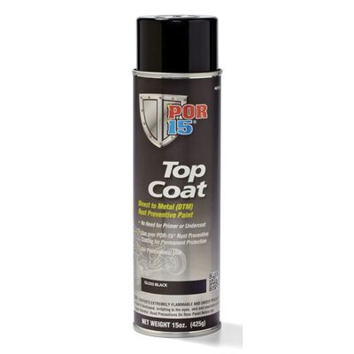 POR-15 INC 45818 Top Coat DTM Paint, 14 oz Aerosol Can, Gloss Black, Liquid, 30 to 60 min Curing