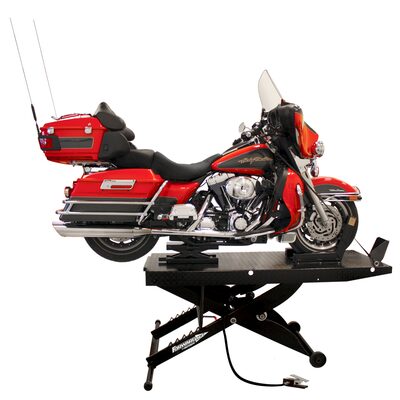 Forward Lift Portable Motorcycle / ATV Lift, Air Operated W/ Dolly, Adjustable Vise And Removable Side Extensions Included. Max Lifting Height 33". 24" Wide (48" With Included Side Extensions Installed), 113" Length (93" Without Rear Ramp Installed). Remo