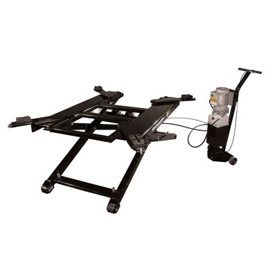 Forward Lift Portable 6000 Lb Mid Rise Lift. Space Saving Scissor Style With Twin Cylinder Design For Fast Operation. Seven Locking Positions From 6.5" To 54", Min Height 5" When Fully Lowered.Swing Arm With Pad Adapters And Set Of Tall Adapters Included.