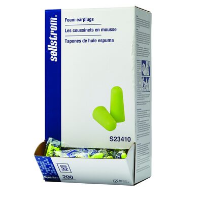 Sellstrom Earplugs - Disposable - Foam Bullet Shape - Uncorded - NRR 32 - Hi-Viz Green - 200 Pair Dispenser Box