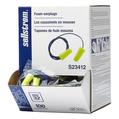 Sellstrom Earplugs - Disposable - Foam Bullet Shape - Corded - NRR 32 - Hi-Viz Green - 100 Pair Dispenser Box