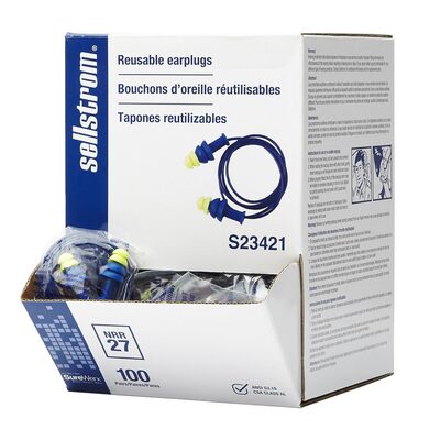 Sellstrom Earplugs - Reusable - Tapered - Corded - Blue/Hi-Viz Green - NRR 27 - 100 Pair Dispenser Box
