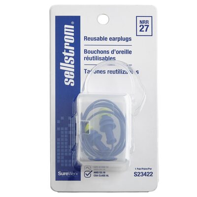 Sellstrom Earplugs - Reusable - Tapered - Corded - NRR 27 - Blue/Hi-Viz Green - 1 Pair/Plastic Case
