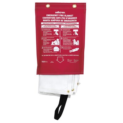 Sellstrom 100% Fiberglass High Temp Emergency Fire Blanket in Red vinyl hanging pouch with carrying handles